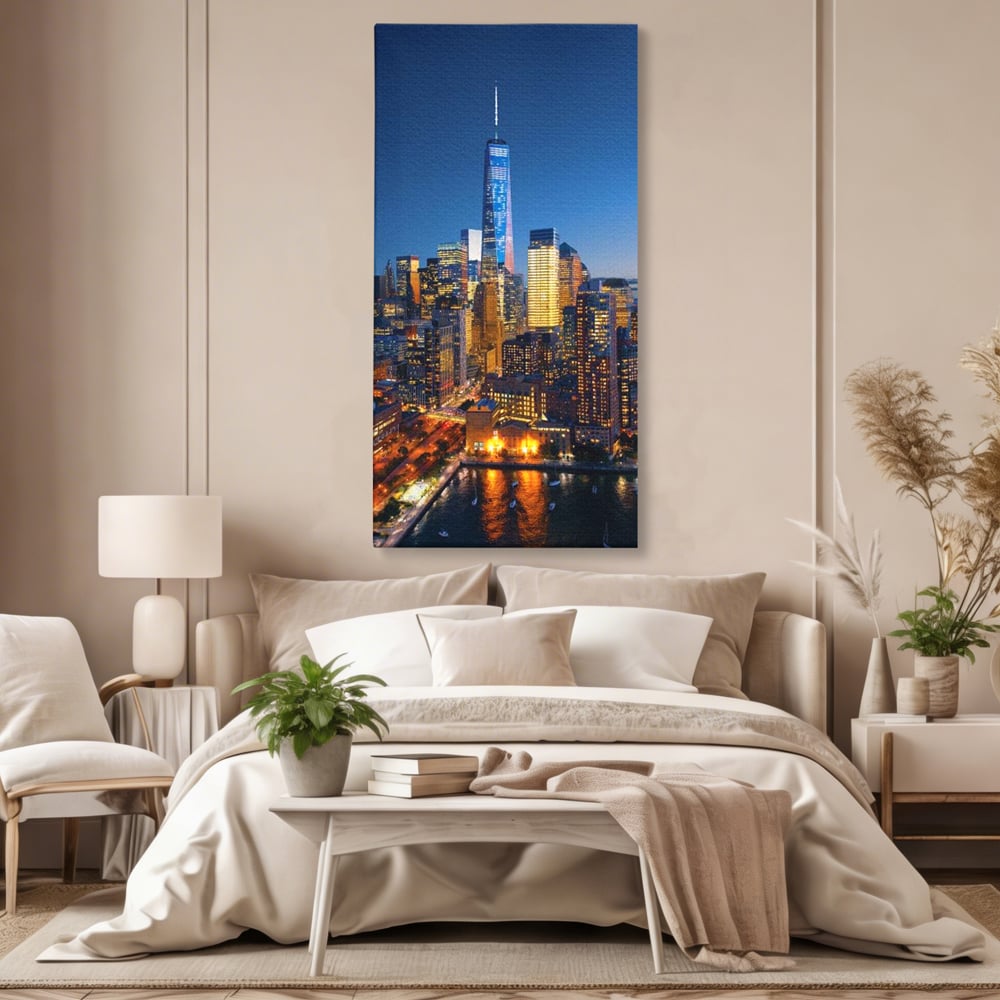 Tablou canvas cu panoramic nocturn cu zghiet-nori din new york, fara rama, pe sasiu de lemn, pe perete intr-un dormitor